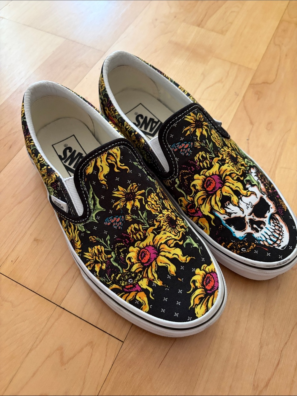 Vans Black Slip-On with Yellow Sunflower and Skull Design Beauty Skull